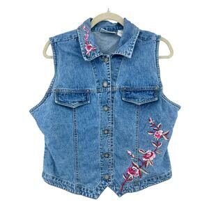 Y2K VINTAGE LARGE Bill Bass Blue Denim Pink Floral Embroidered Vest Jean Jacket